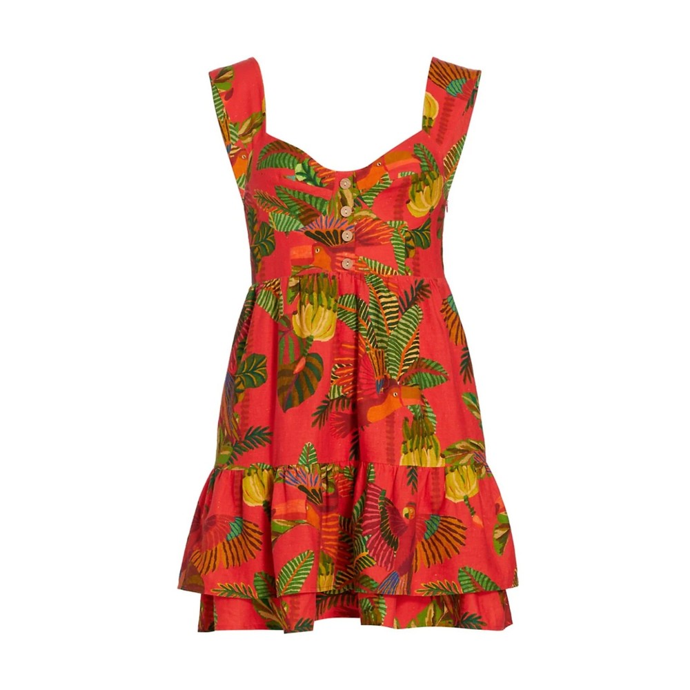 Farm Rio Red Forest Birds Mini Dress M Red Linen Blend Birds Tiered Hem Pockets - Picture 9 of 9